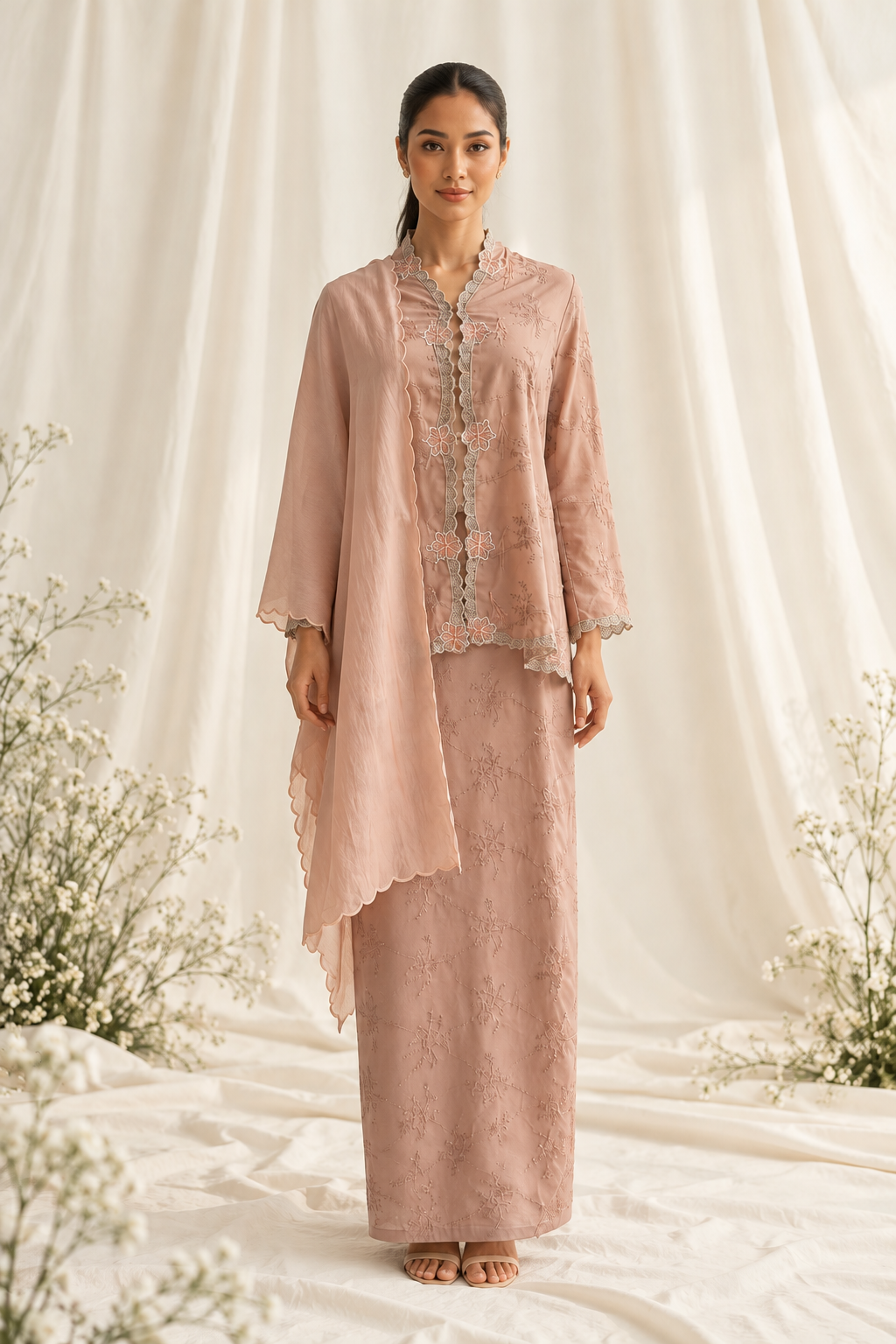 Blush Embroidered Elegance in a Draped Studio