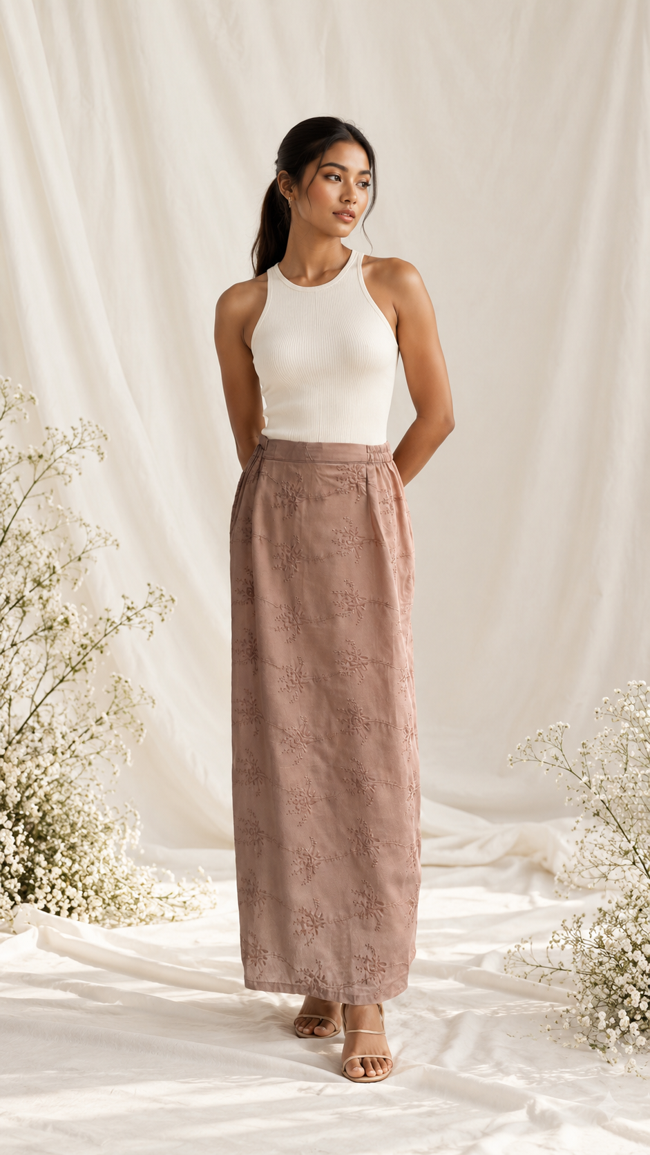 Serene Ivory Drapes and Embroidered Mauve Skirt