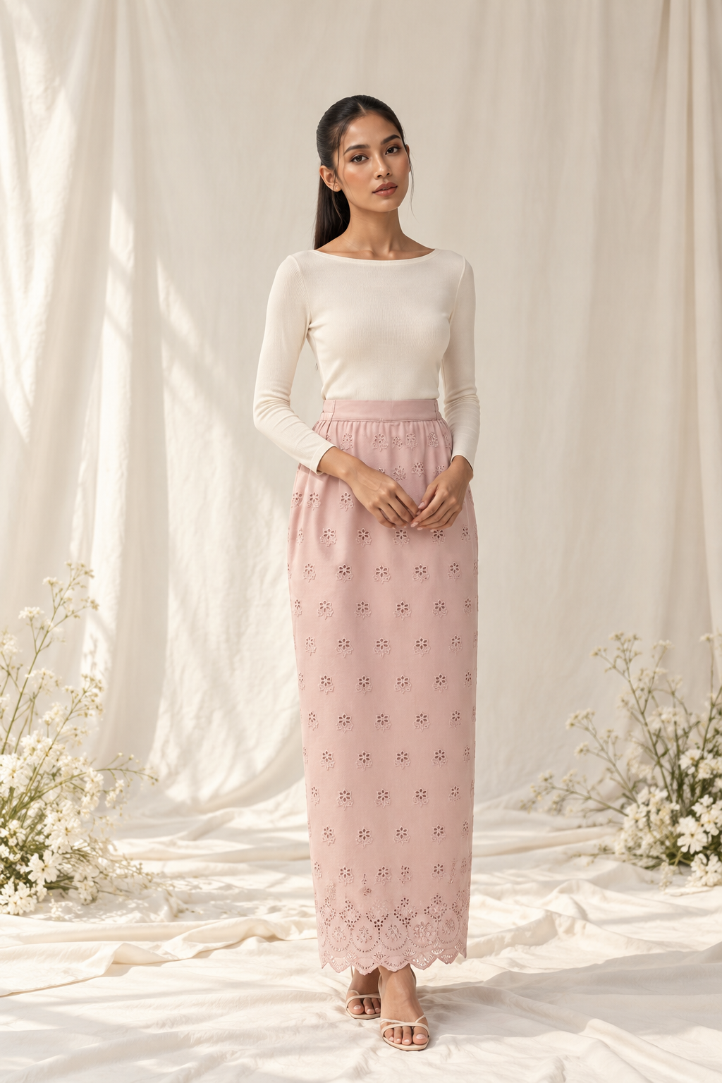 Blush Embroidery in Soft Studio Light