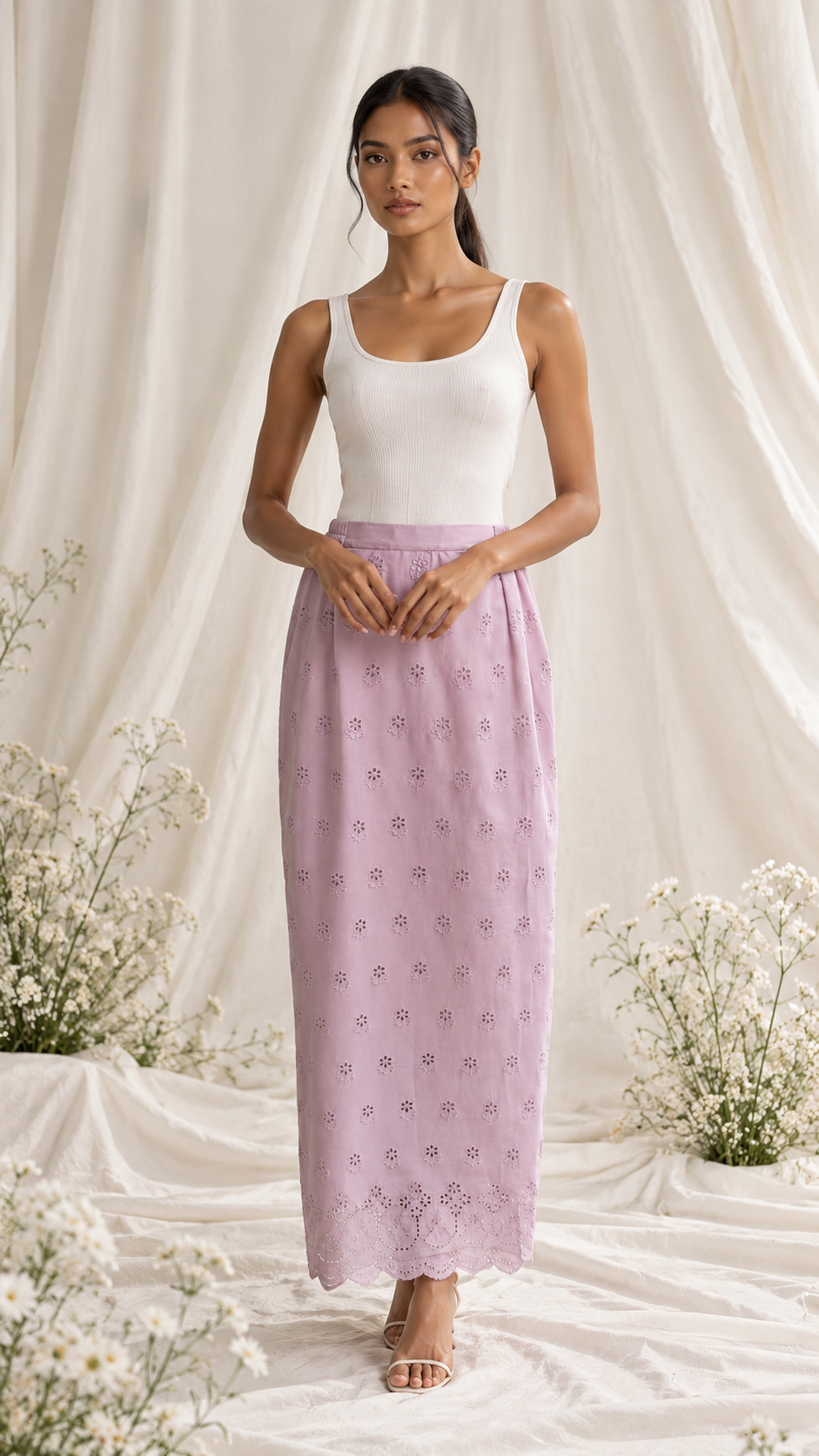 Ivory Drapes and Lilac Eyelet Skirt