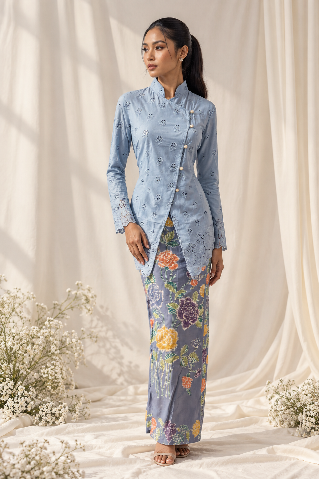 Pastel Blue Kebaya Floral Portrait