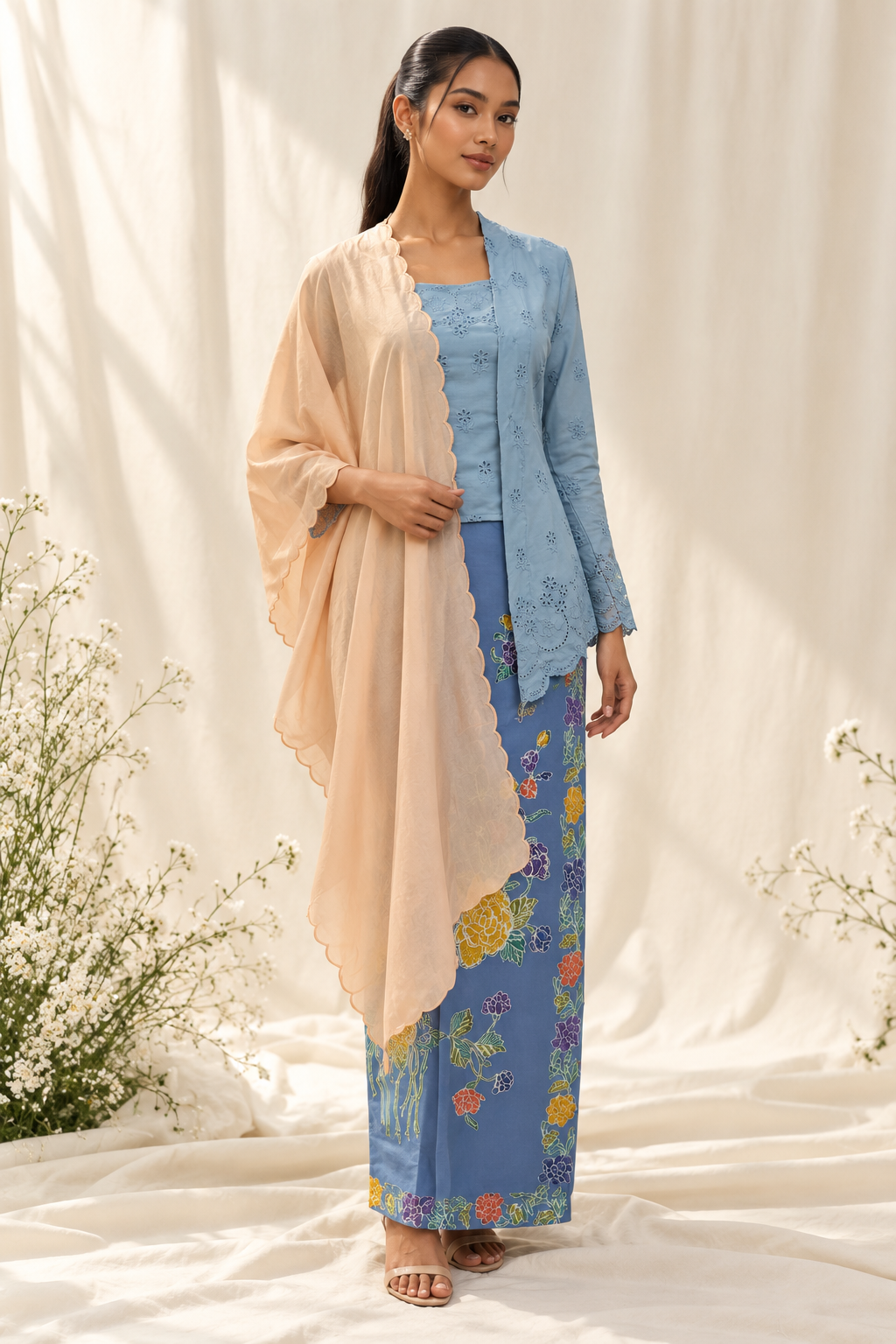 Elegant Blue Kebaya with Peach Shawl