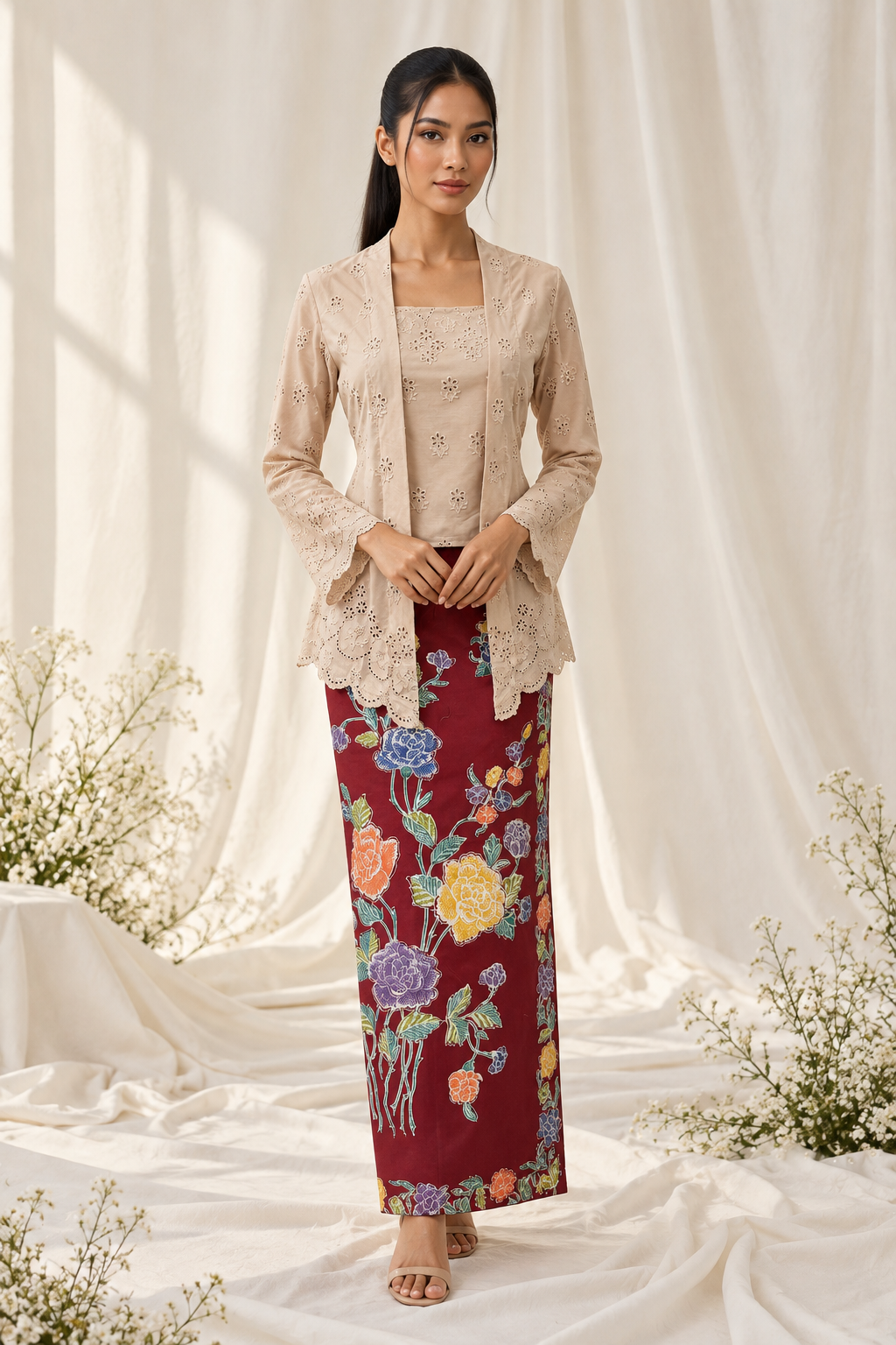 Elegant Beige Kebaya and Floral Sarong