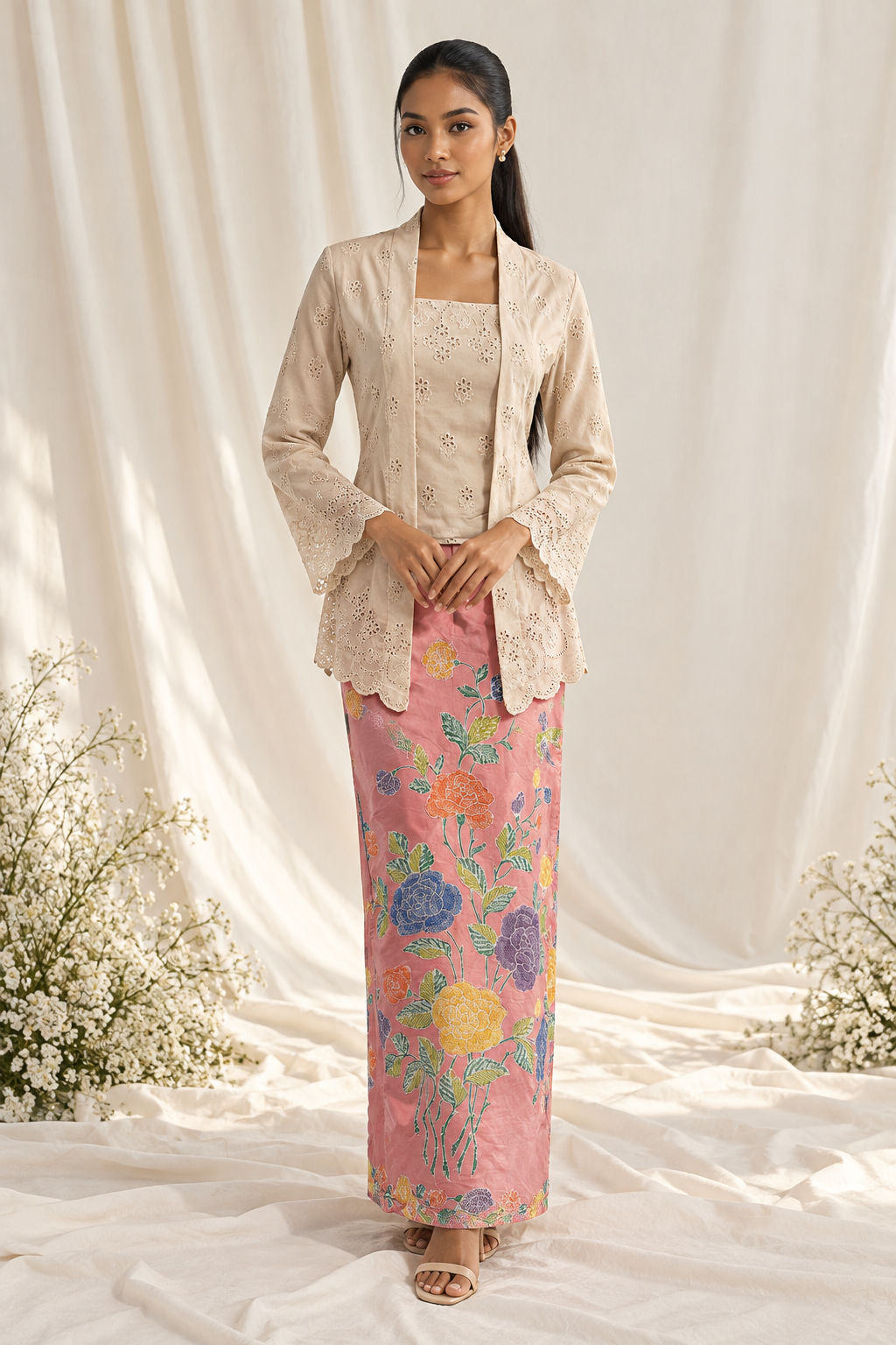 Elegant Beige Kebaya and Floral Sarong (1)
