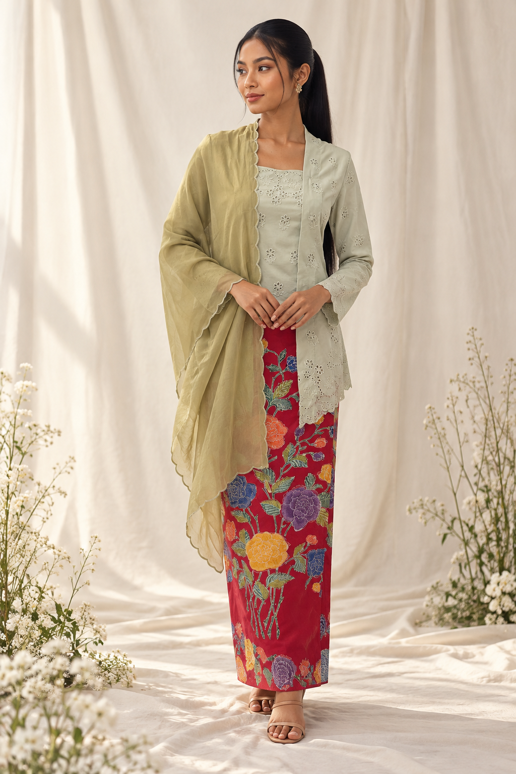 Elegant Kebaya Portrait with Botanical Accents