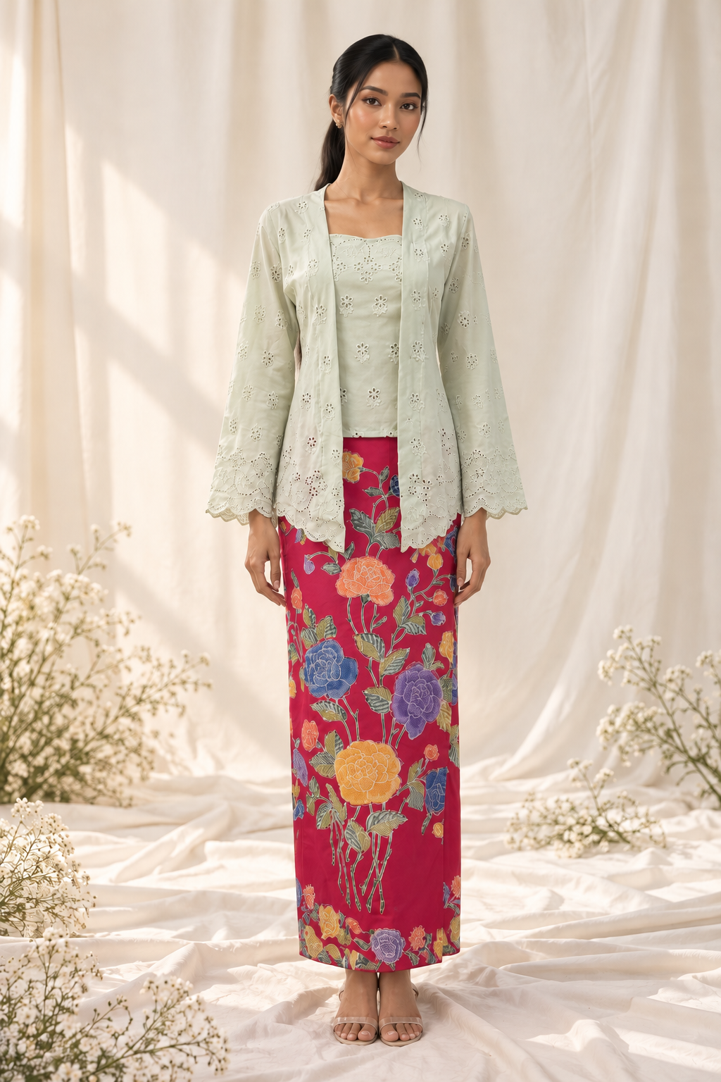 Elegant Mint Kebaya with Floral Sarong