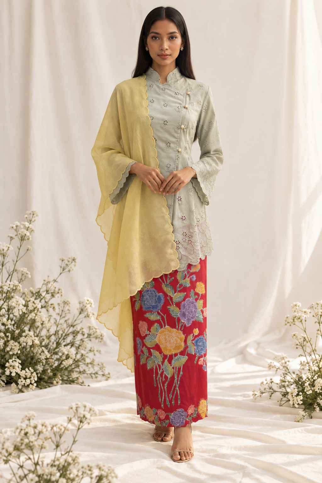 Elegant Sage Kebaya with Floral Skirt