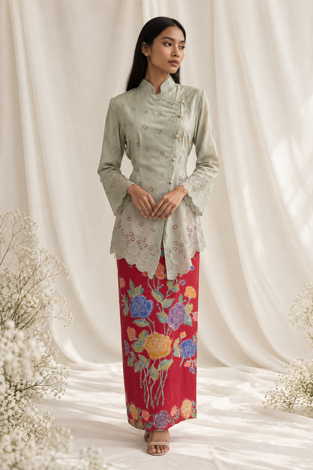 Elegant Sage Kebaya and Floral Sarong