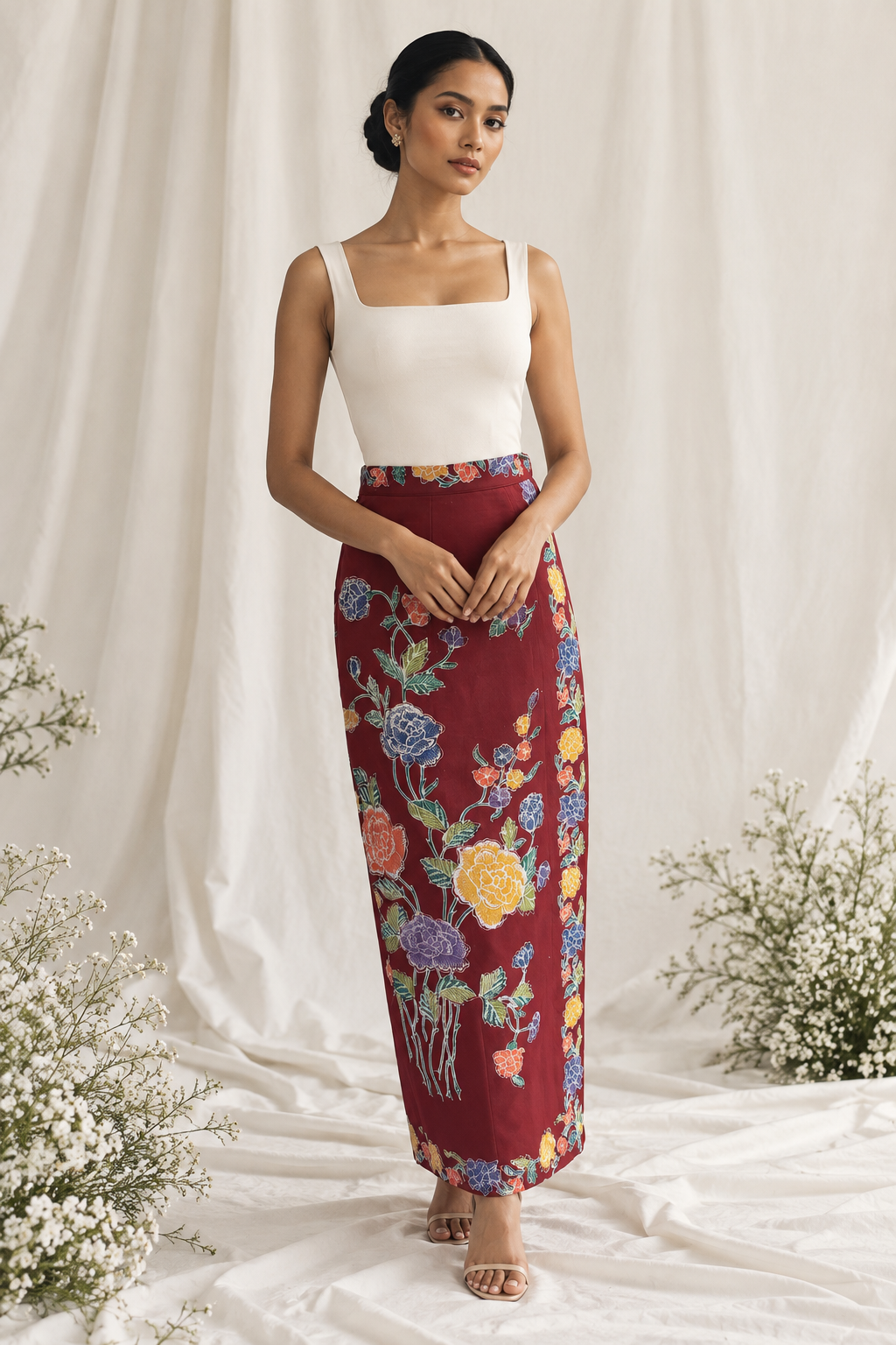 Elegant Maroon Floral Fashion Portrait