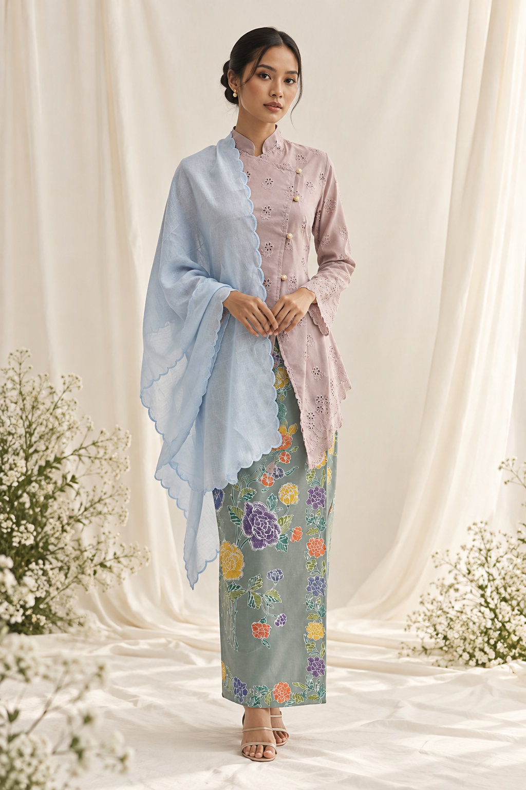 Elegant Pastel Lace and Floral Editorial Outfit