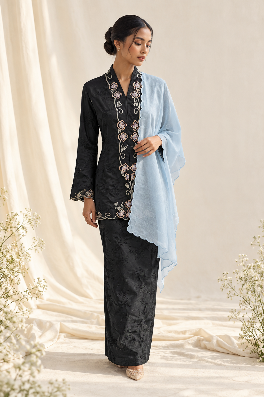 Elegant Black Kebaya with Blue Shawl