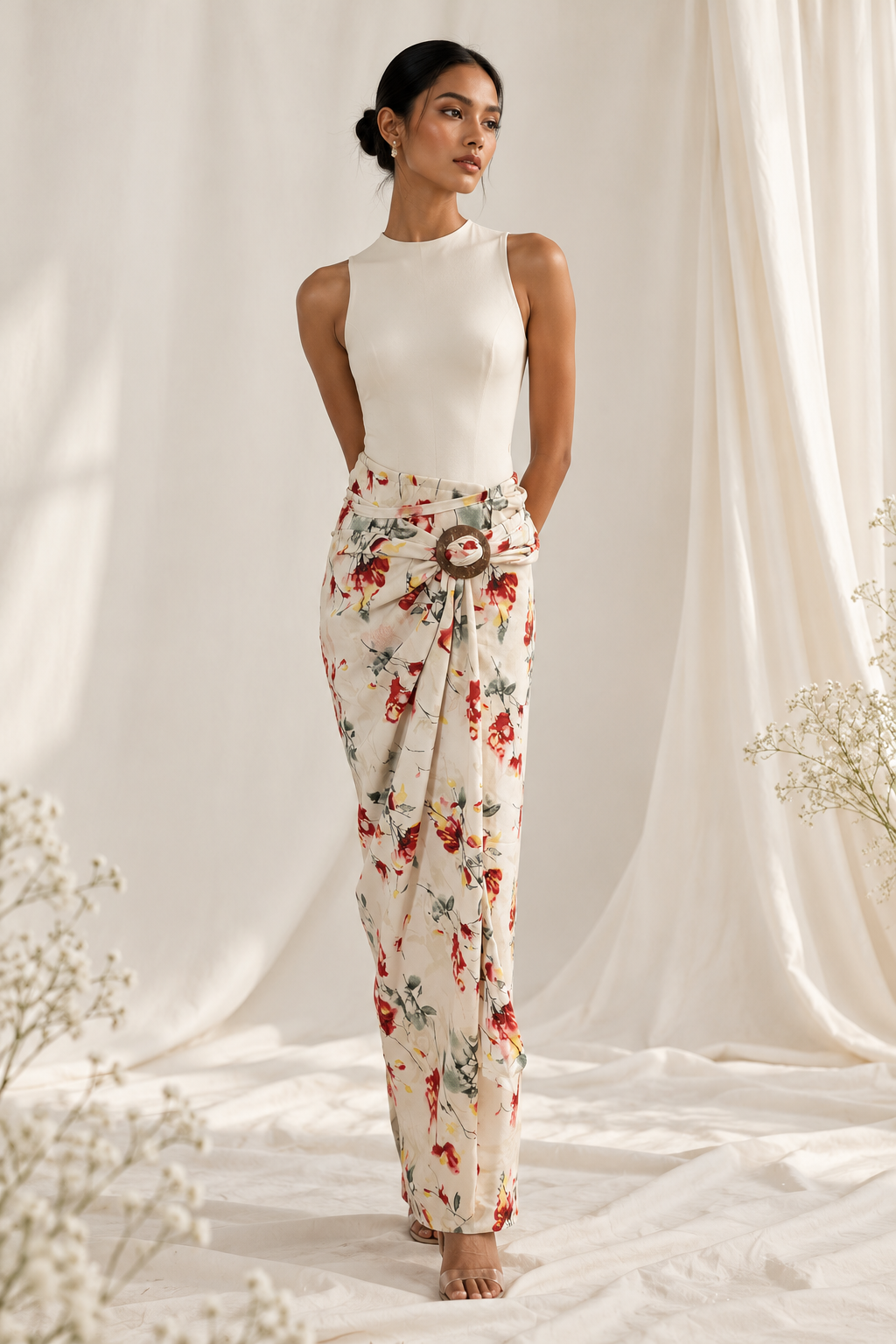 Ivory Floral Draped Editorial Fashion