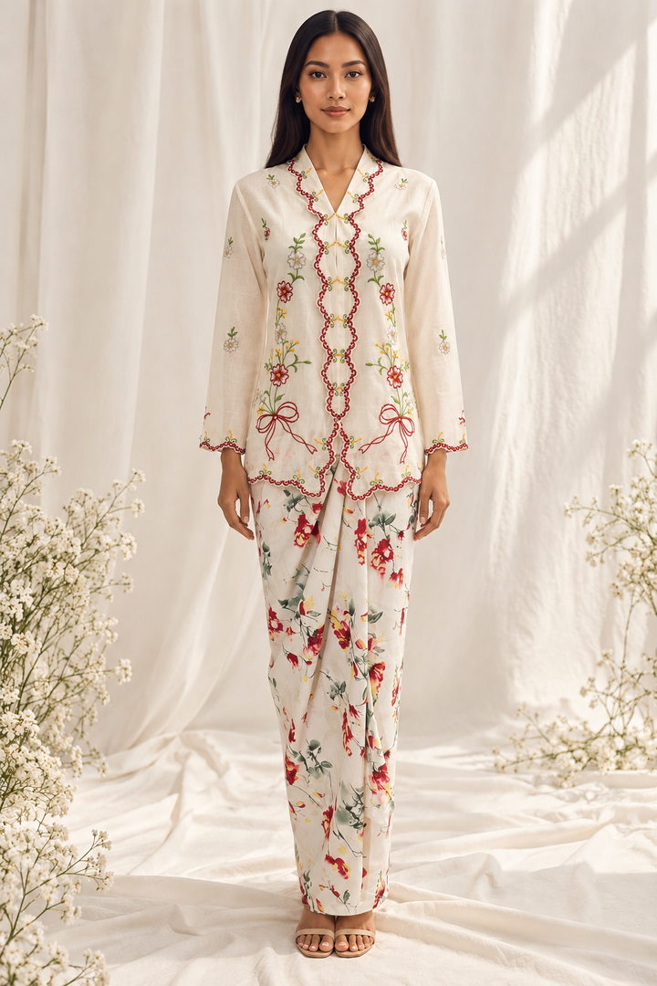 Elegant Cream Kebaya Portrait with Floral Embroidery