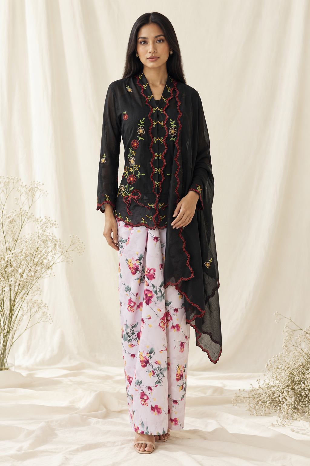 Embroidered Kebaya in Soft Ivory Drapery