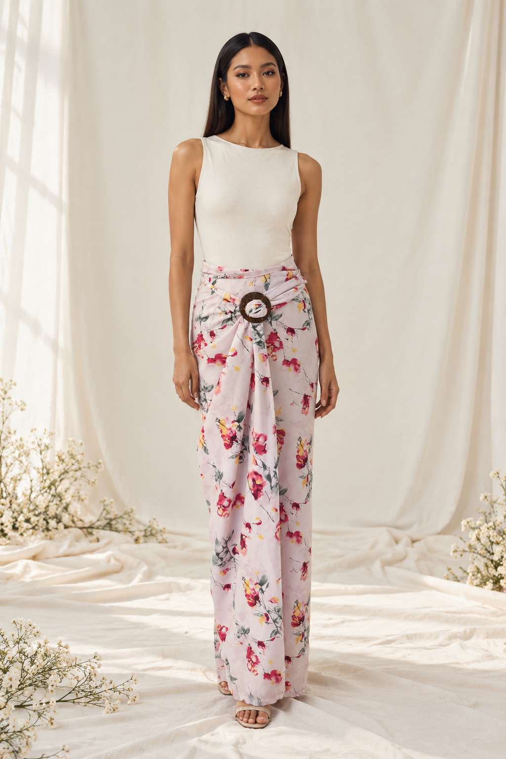 Elegant Floral Sarong Fashion Portrait