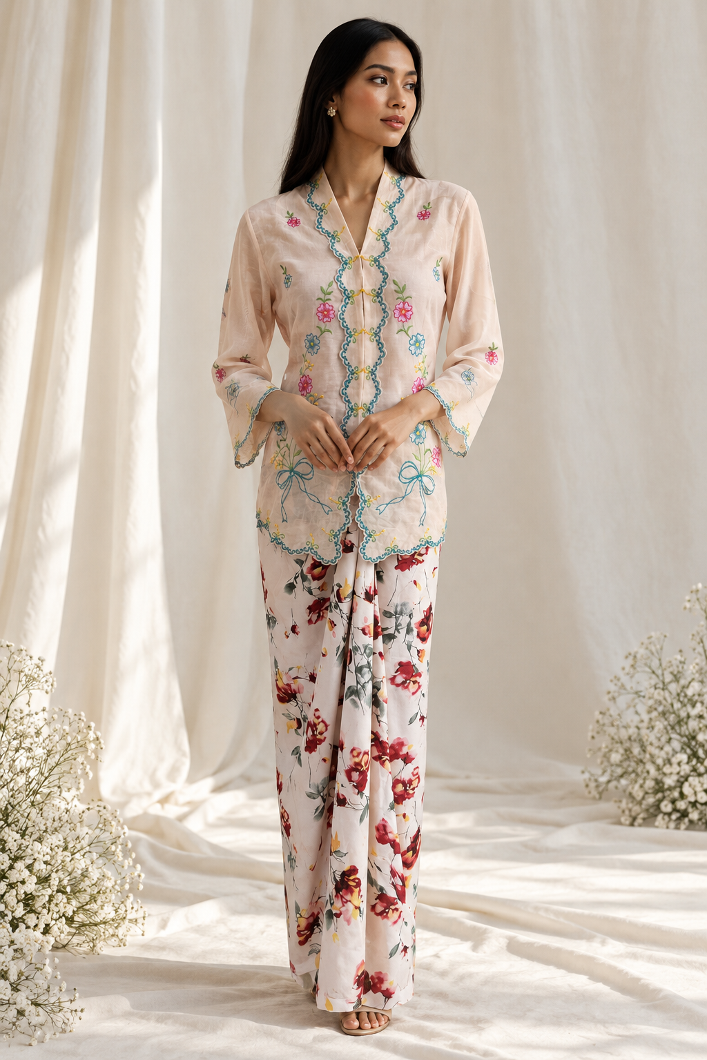 Embroidered Kebaya in Soft Ivory Studio Light