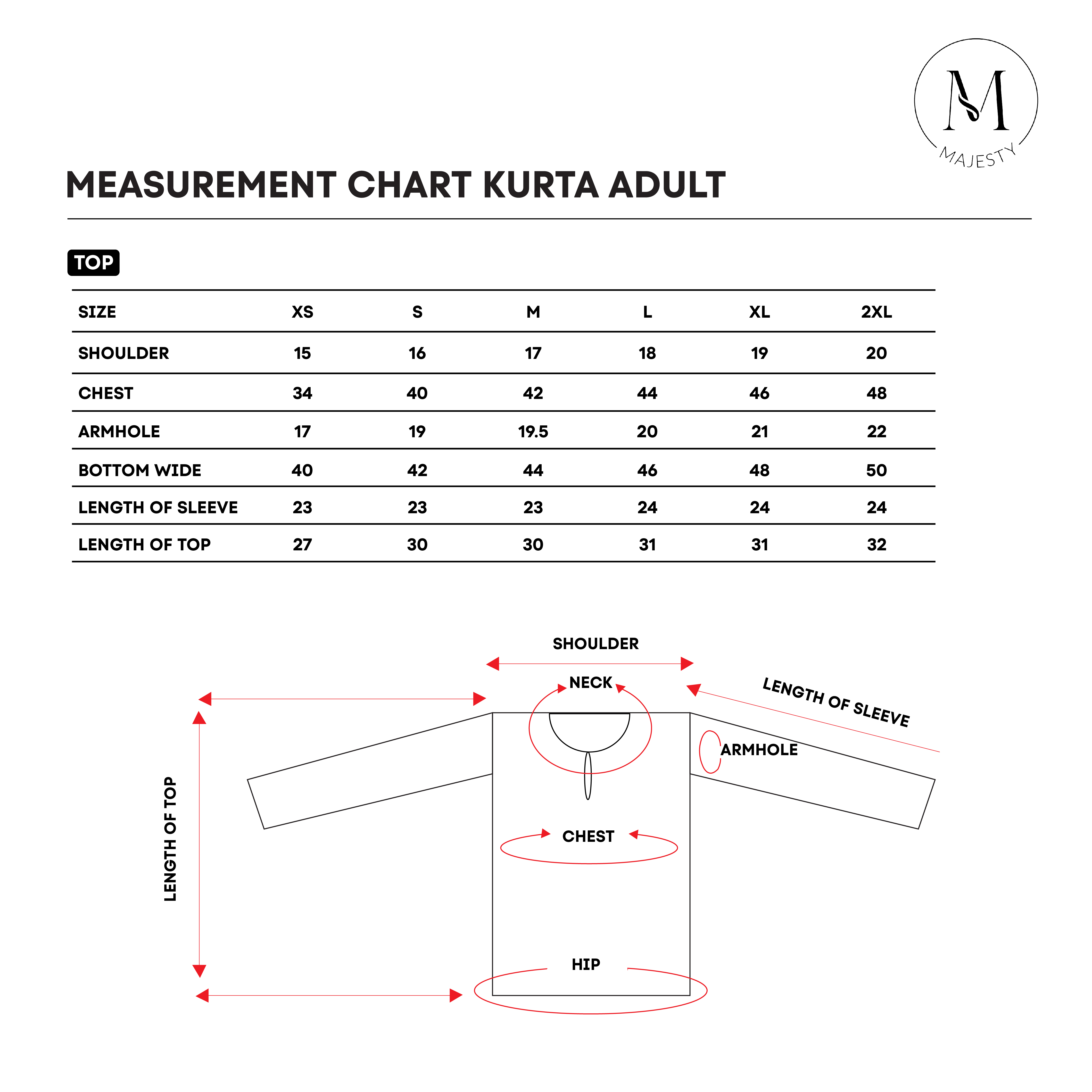 SAIZ CHART KURTA ADULT