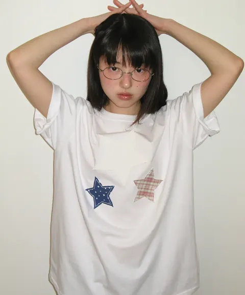 RONRON STAR PATCH MIXED APPLIQUE APPLIQUE T SHIRT – Thewoorolls