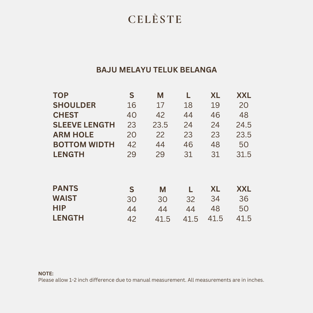 Baju Melayu Size Chart 2026 