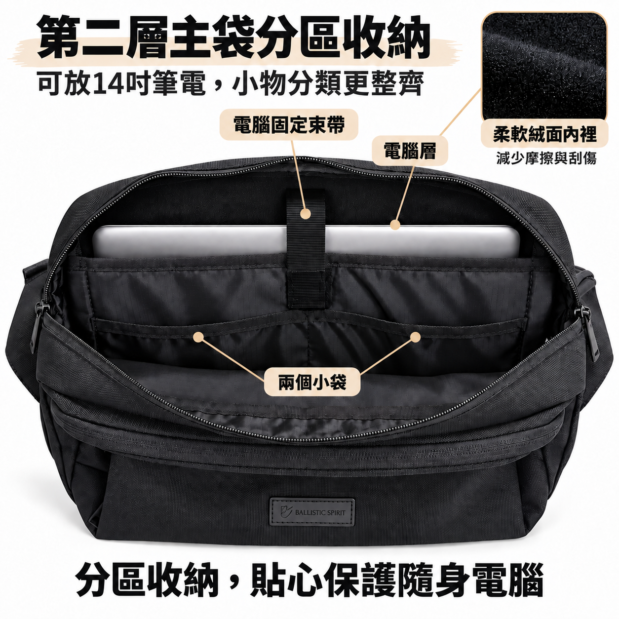 第二層主袋、14吋電腦隔層與柔軟絨面內裡
