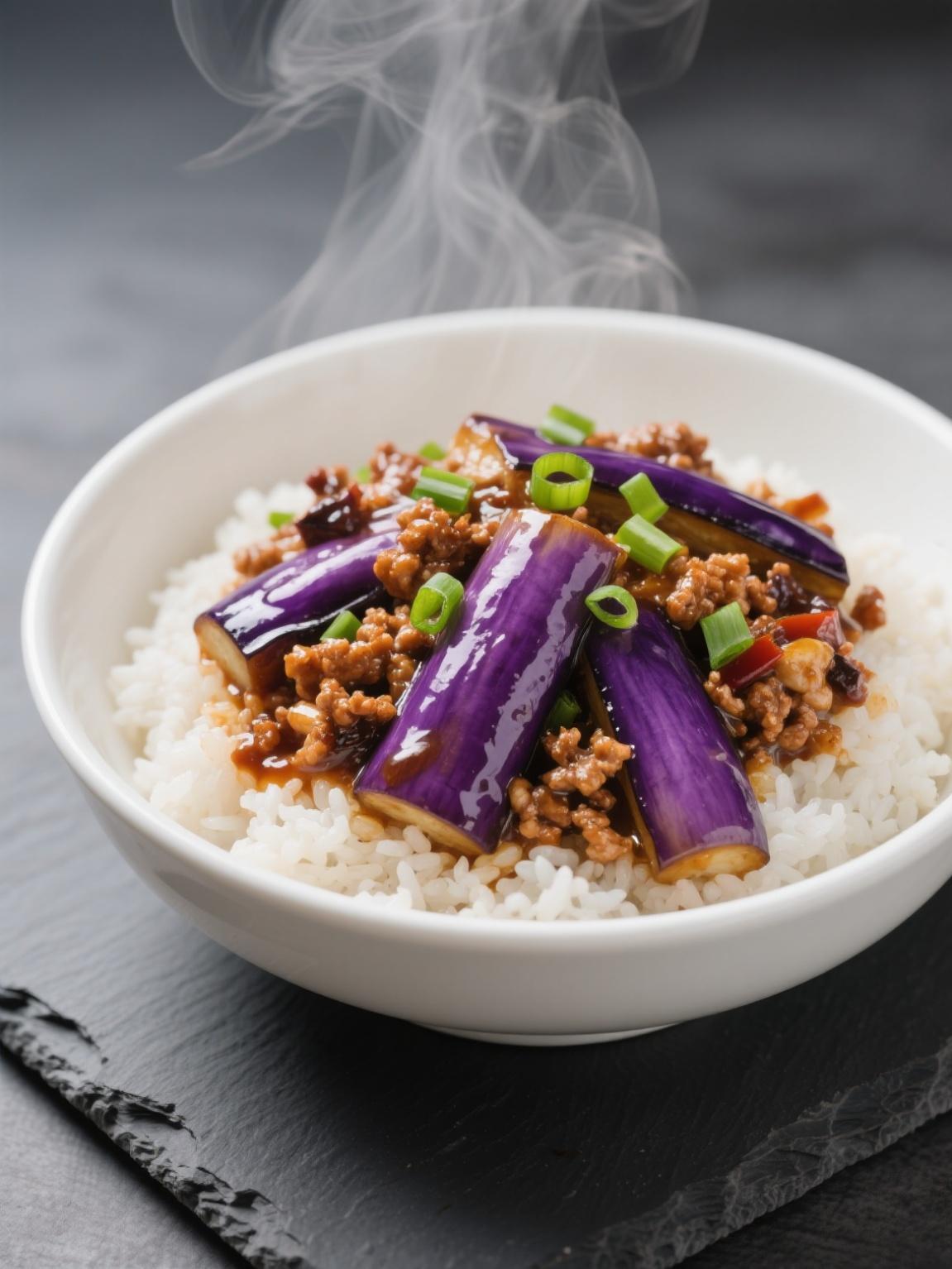 美食俯拍特写超写实摄影家常美食茄子肉末盖饭商业照片（仅供交流学习非商用）