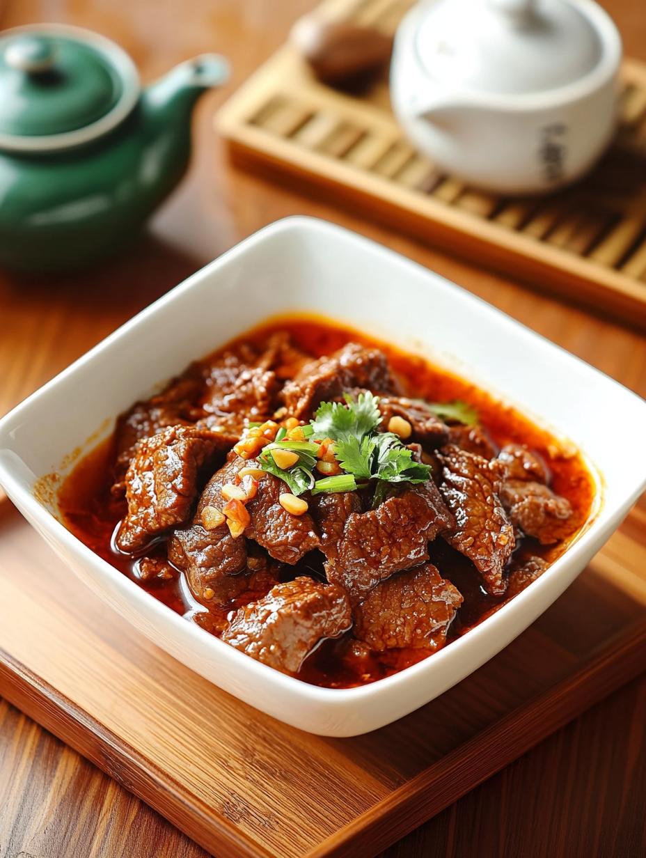 简约风格红烧牛肉碗香菜花生米装饰美食照片（仅供交流学习非商用）