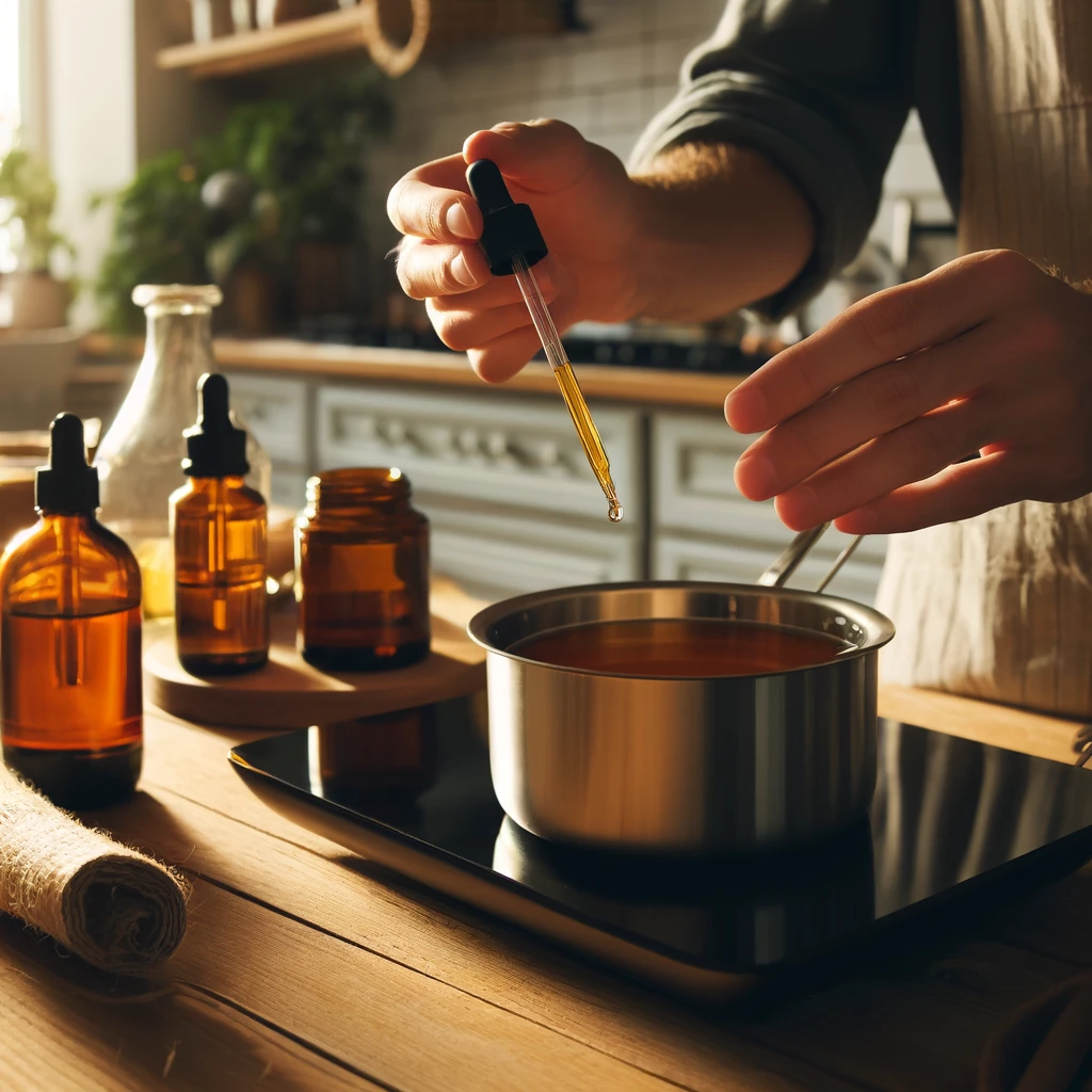 DALL·E 2024-04-07 11.28.46 - Create an image of a person adding essential oil to a candle mixture using a pipette, from an amber-colored bottle, in a kitchen setting. The scene sh