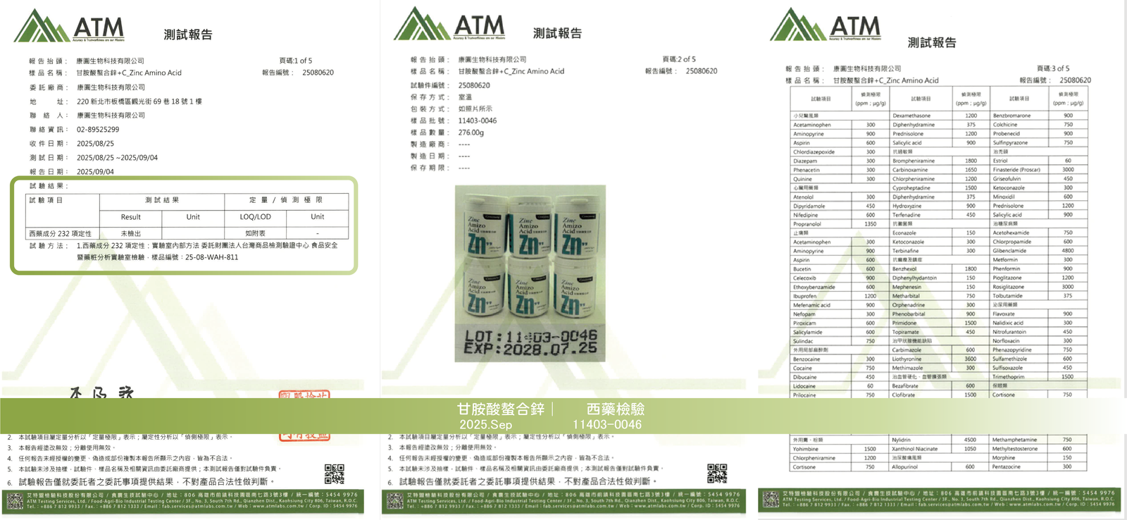 甘胺酸螯合鋅 2025年9月 西藥檢驗報告