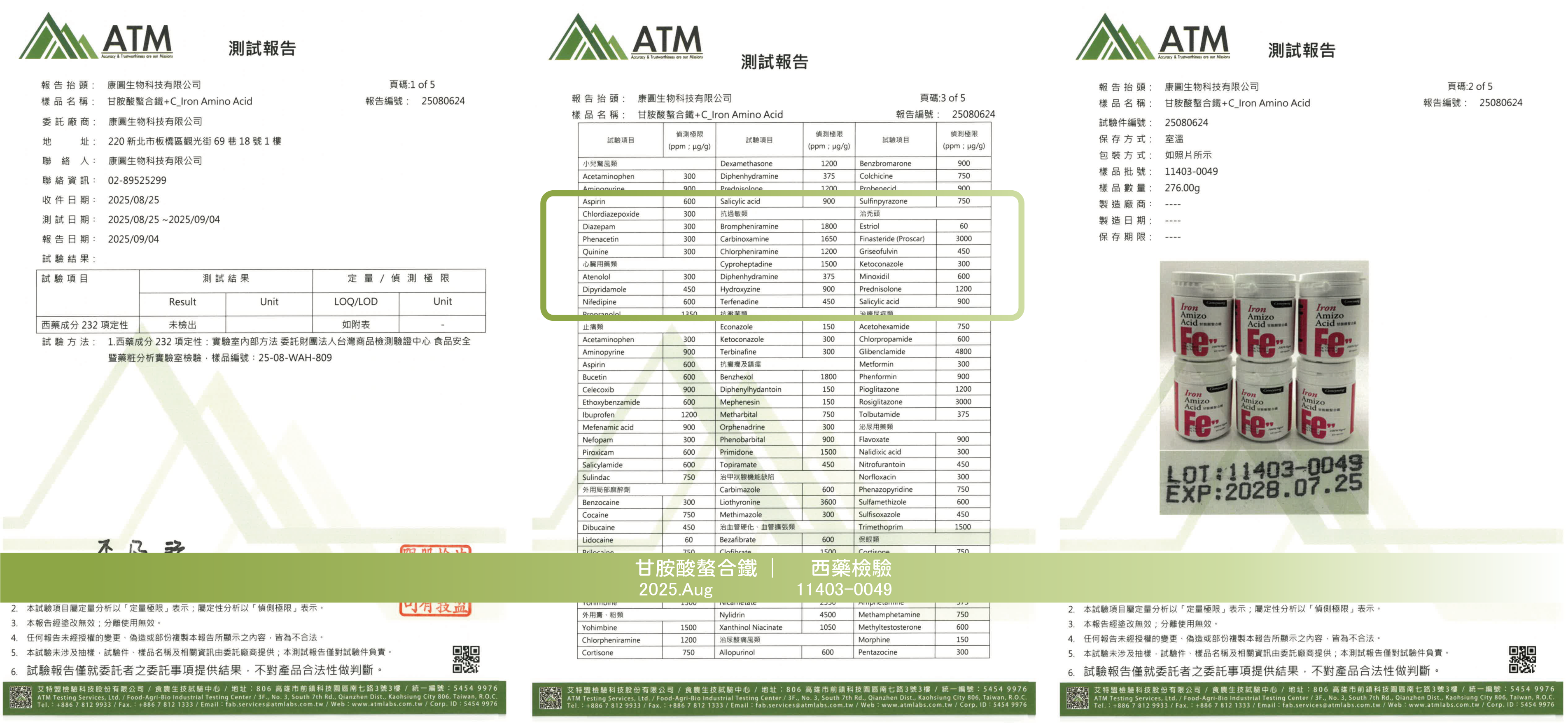2025年8月 甘胺酸螯合鐵 西藥檢驗報告