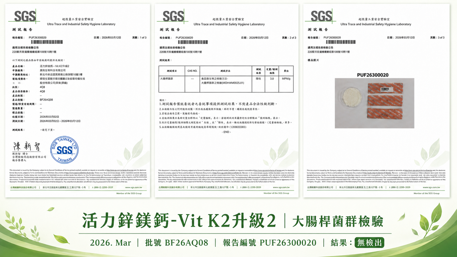 活力鋅鎂鈣 2026年3月 大腸桿菌群檢驗報告