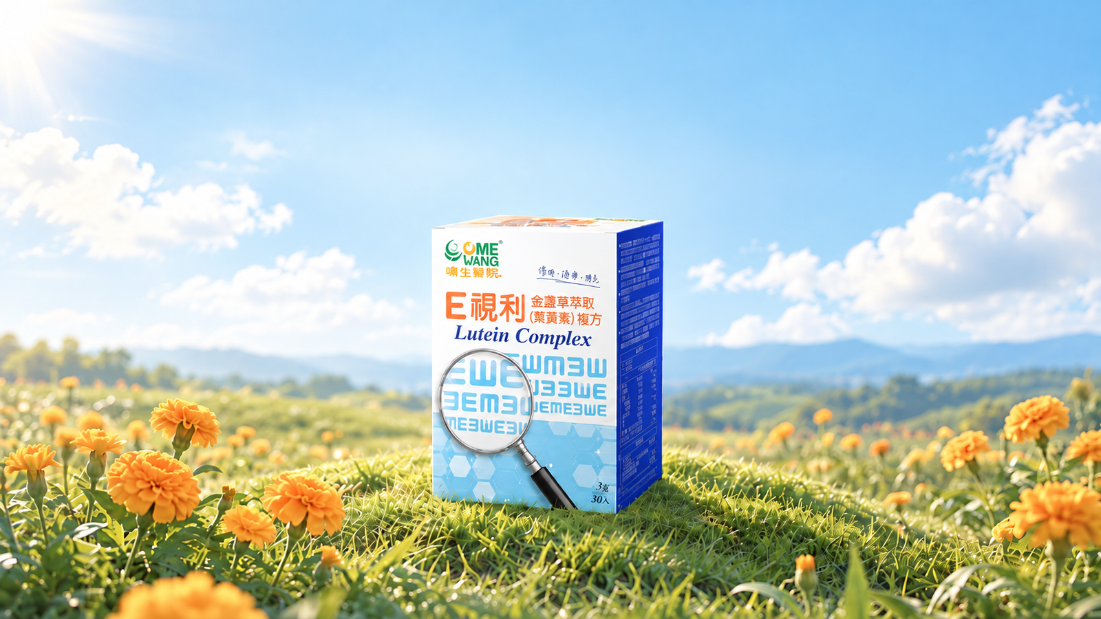 E視利 葉黃素複方 產品形象圖：晴天草地與萬壽菊