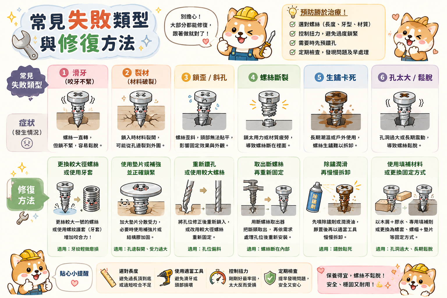 自攻螺絲常見失敗類型與修復方法-示意圖