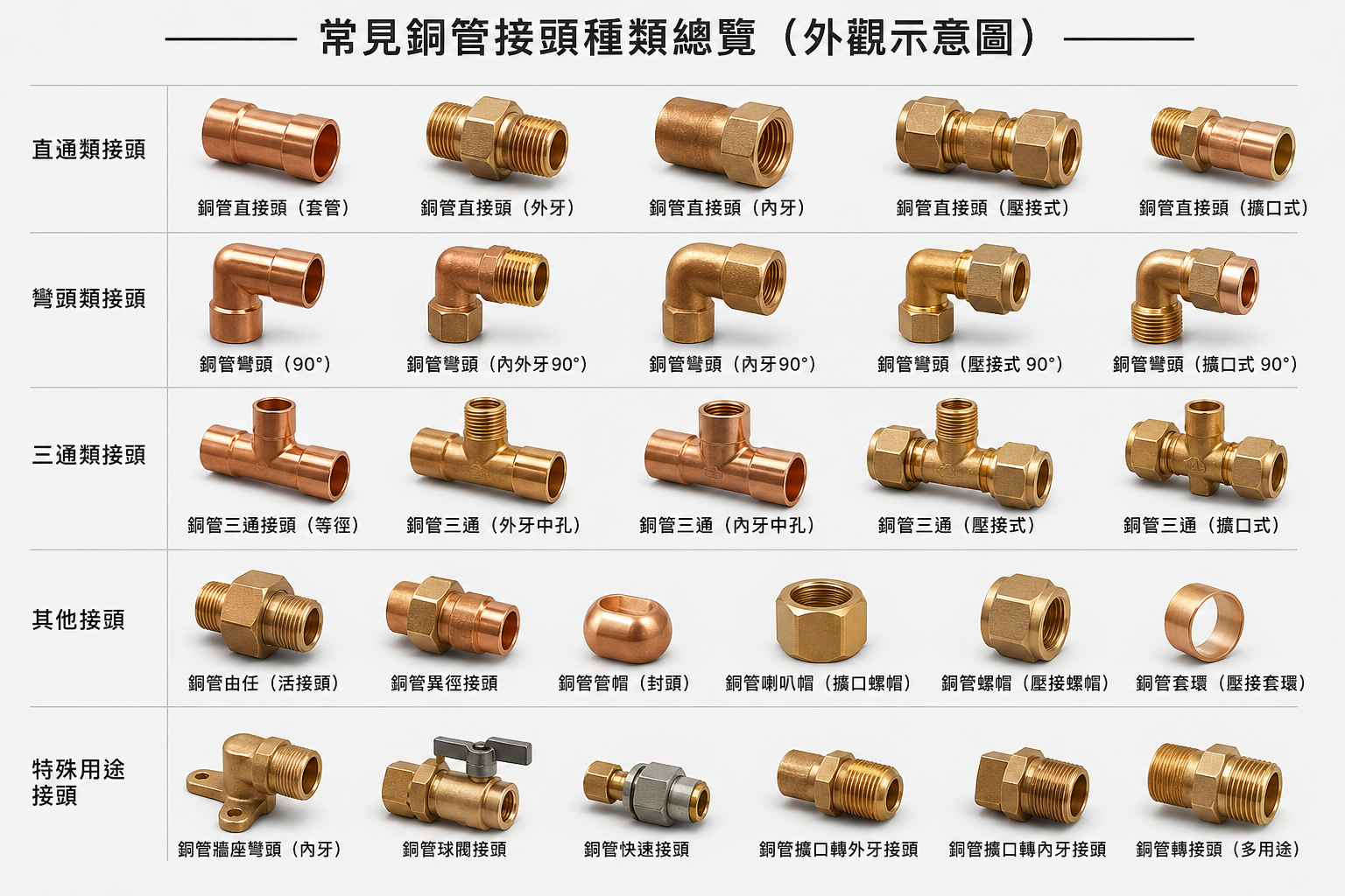 常見銅管接頭種類示意圖