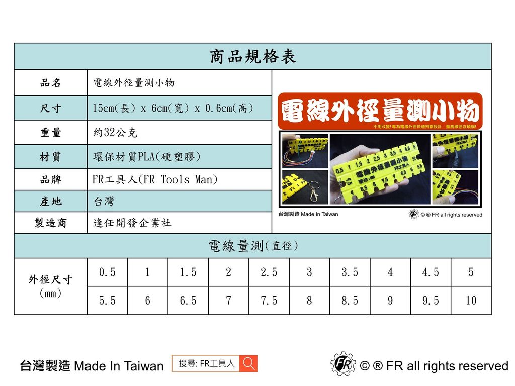 電線外徑量測小物-規格表