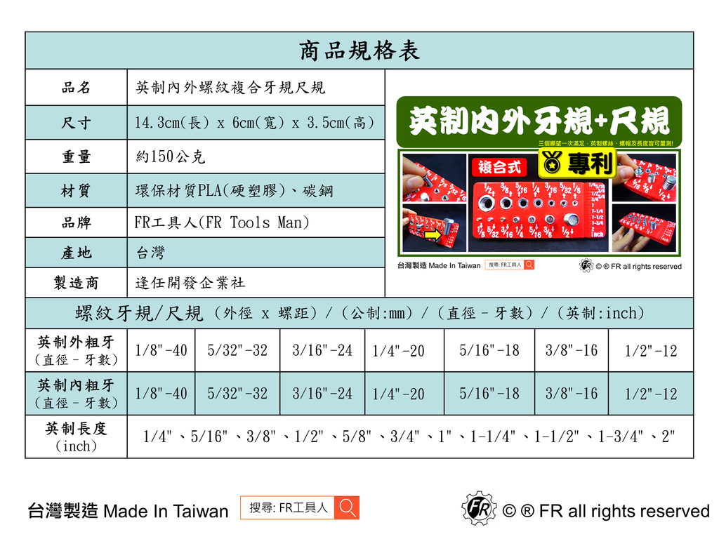 英制外螺紋複合牙規尺規-規格表