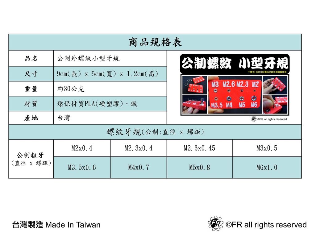 公制外螺紋小型牙規規格表
