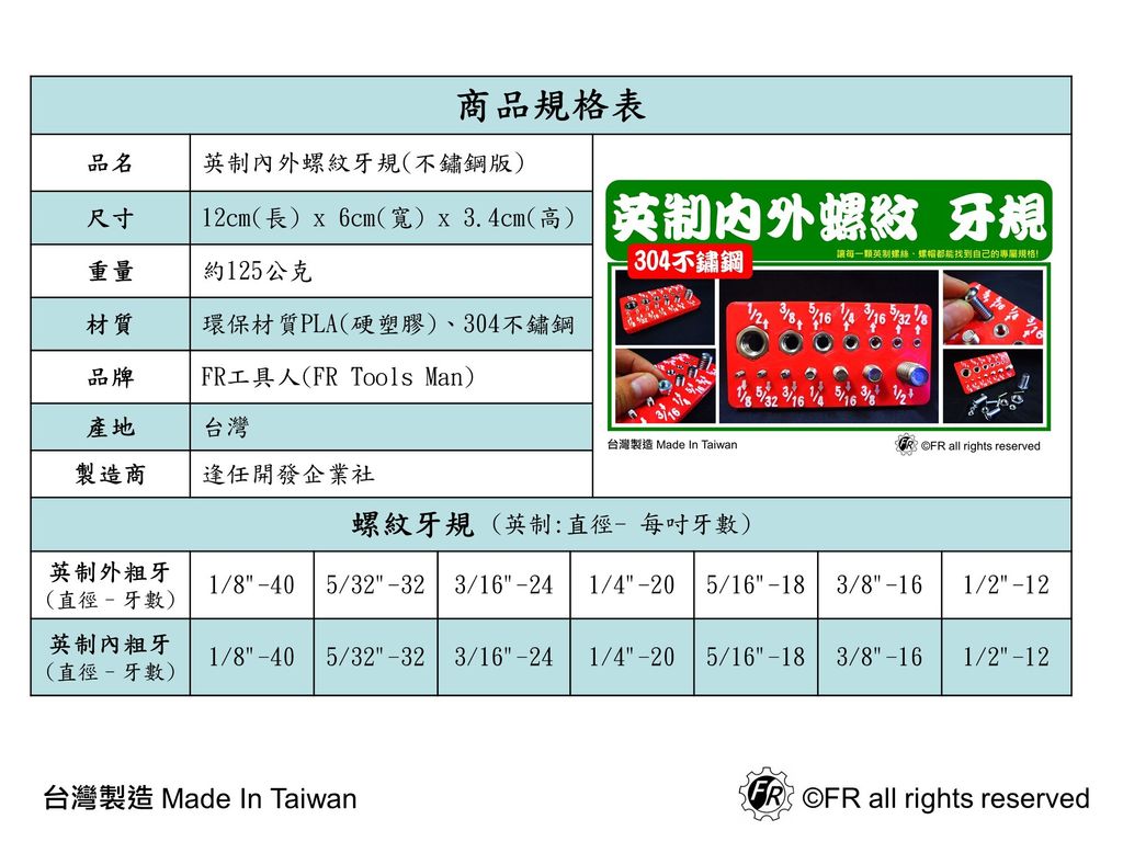 英制內外螺紋牙規(不鏽鋼)-規格表