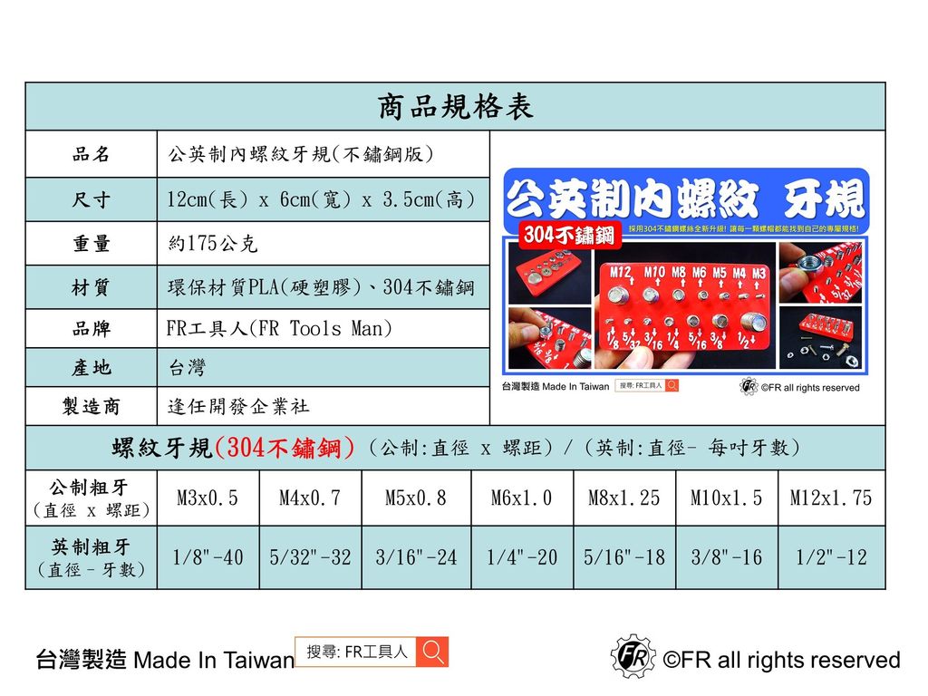 公英制內螺紋牙規(不鏽鋼)規格表