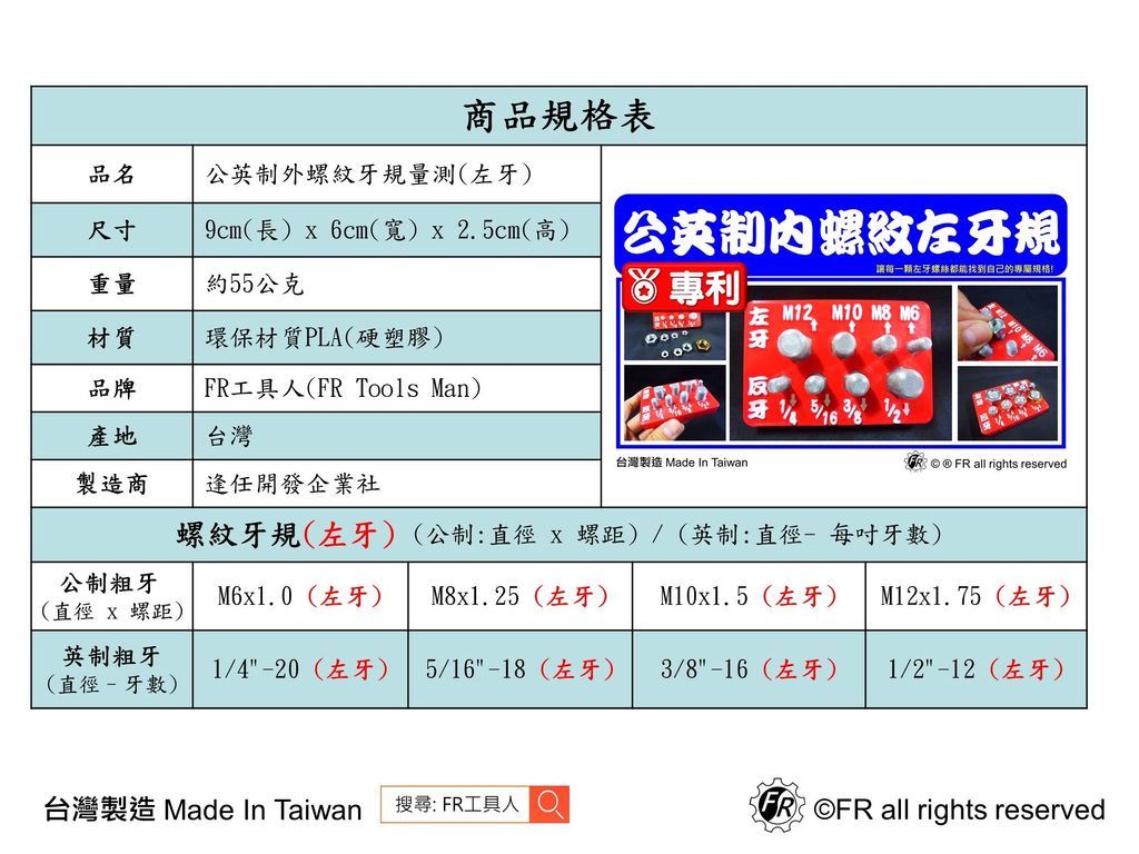 公英制內螺紋牙規(左牙)-規格表