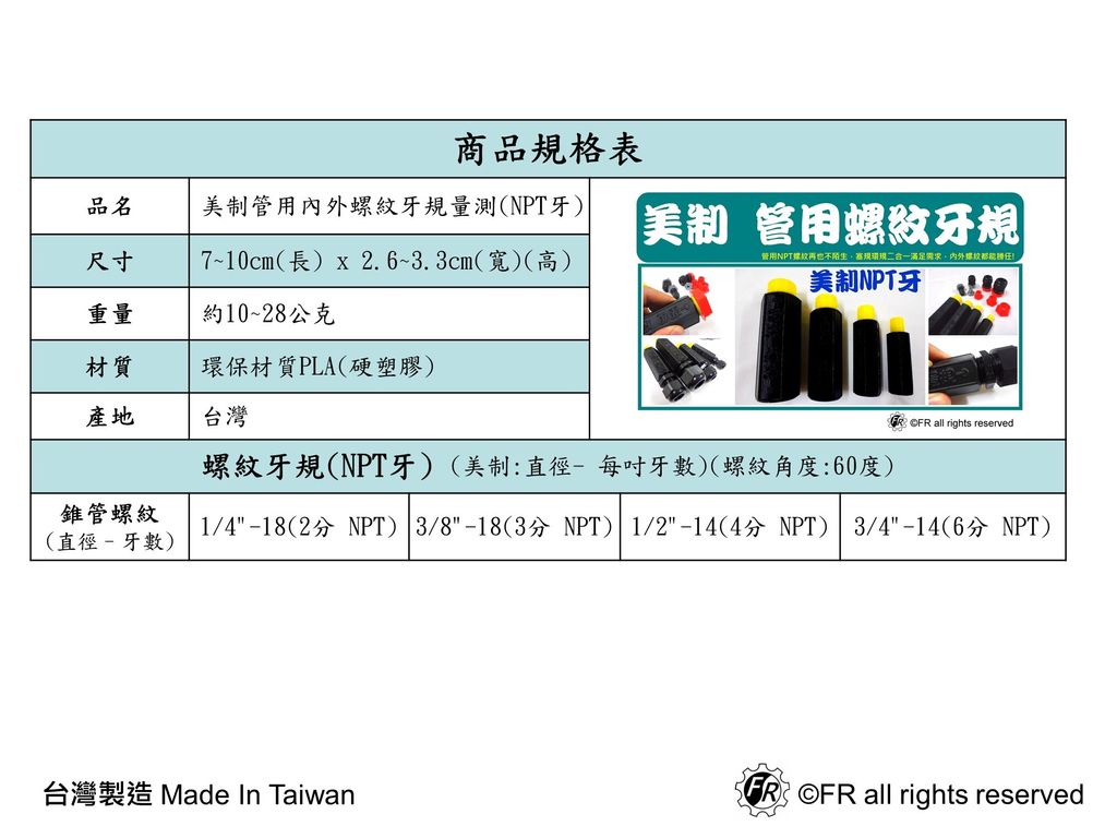 美制管用螺紋牙規格表