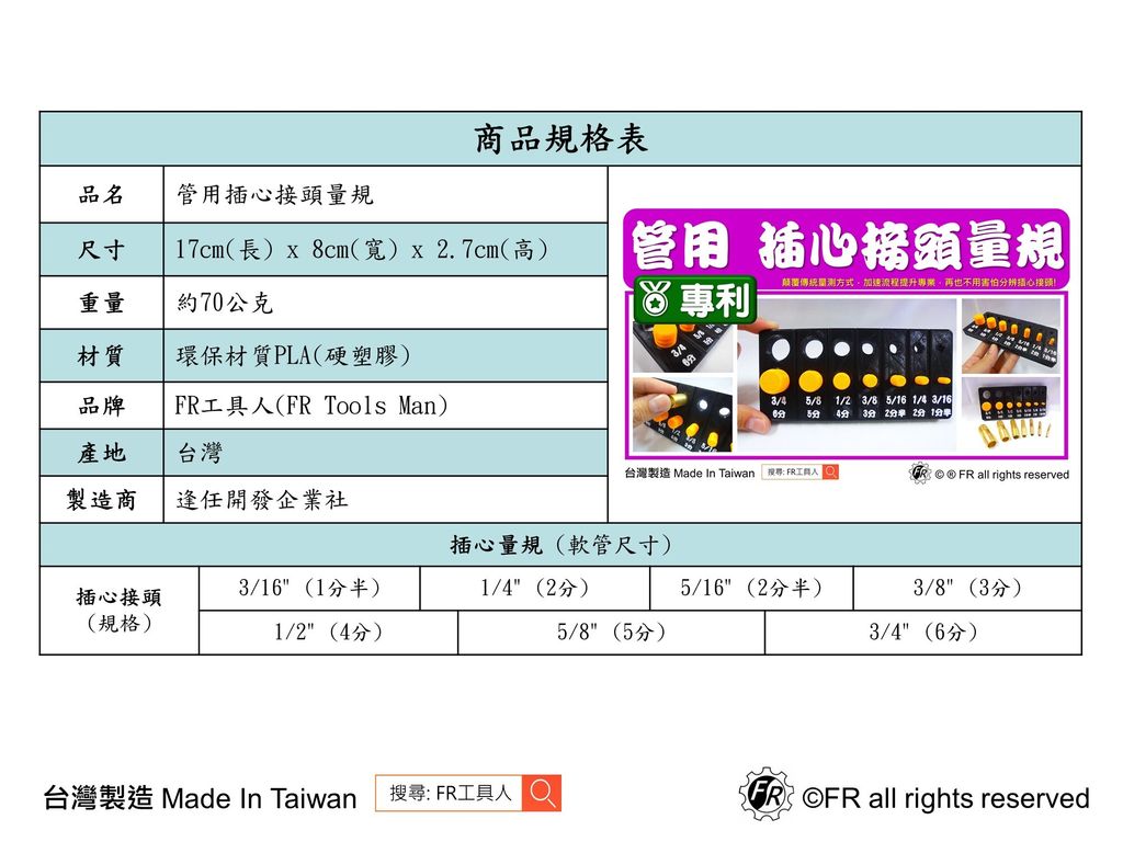 插心接頭量規-規格表