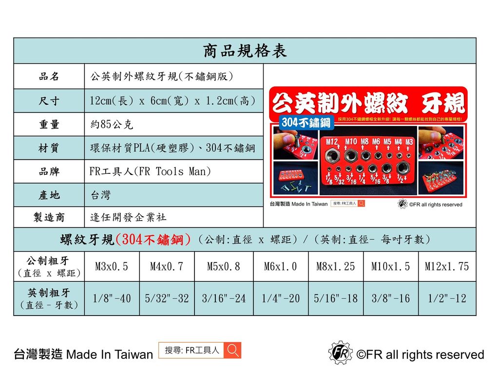 公英制外螺紋牙規(不鏽鋼)規格表