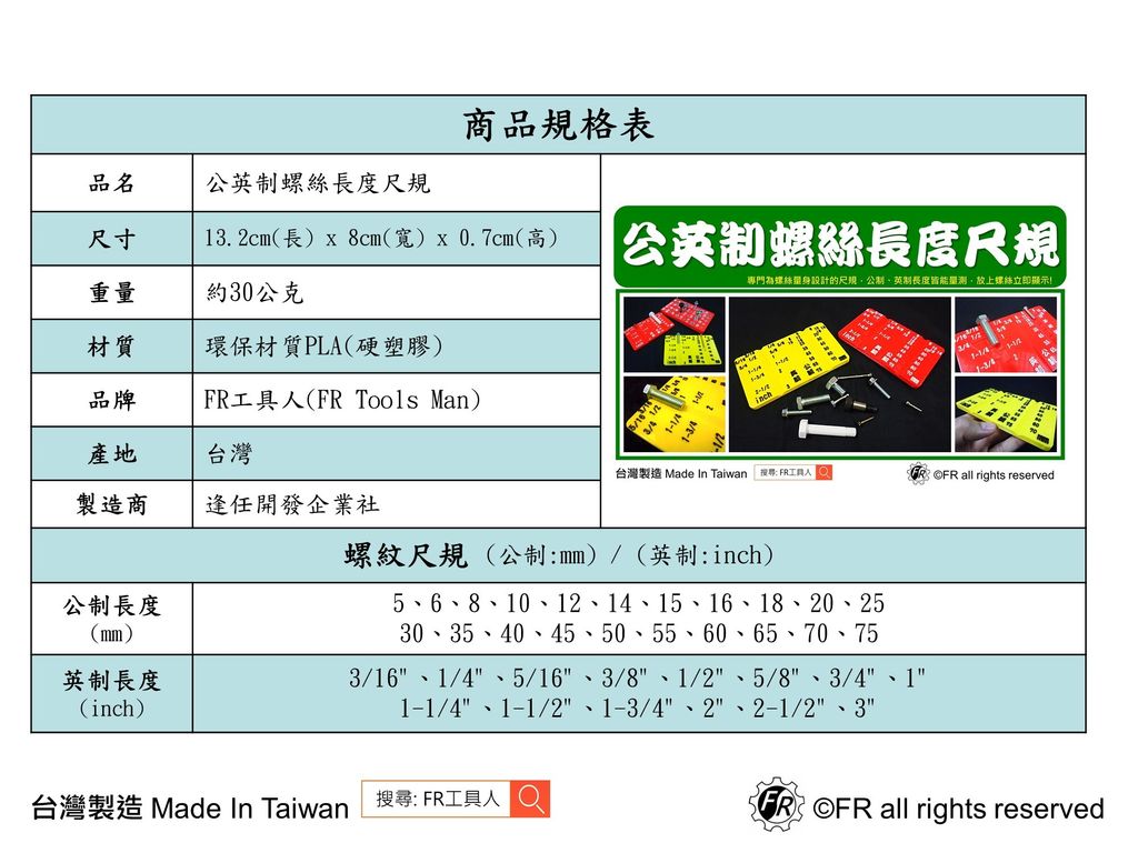 公英制螺絲長度尺規規格表
