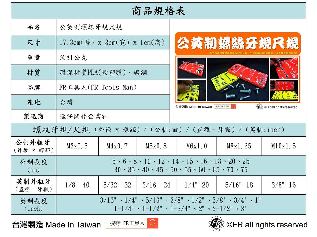 公英制外螺紋牙規尺規-規格表