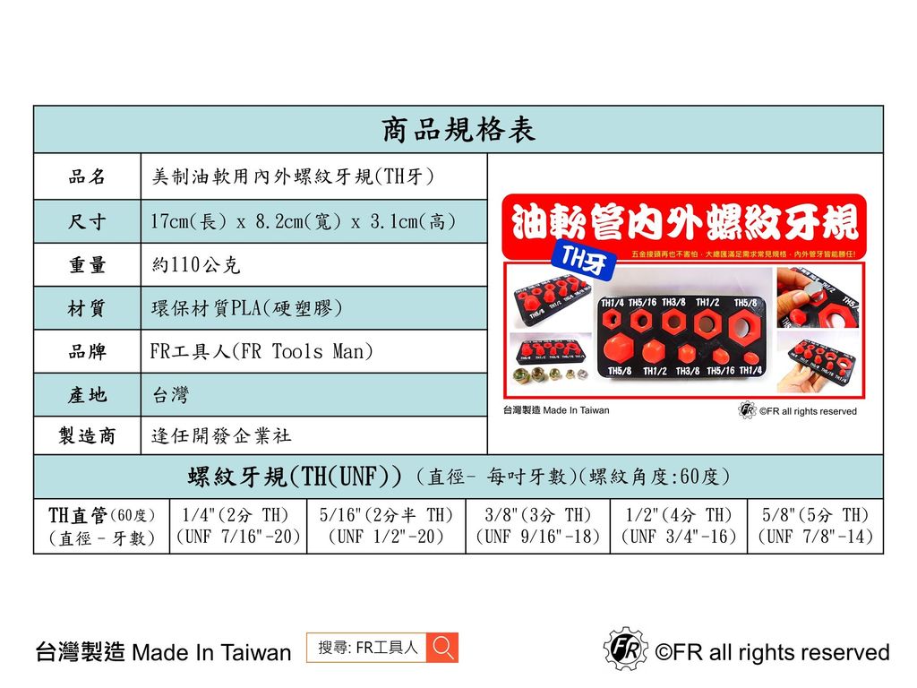 美制油軟管內外螺紋牙規(TH牙)-規格表