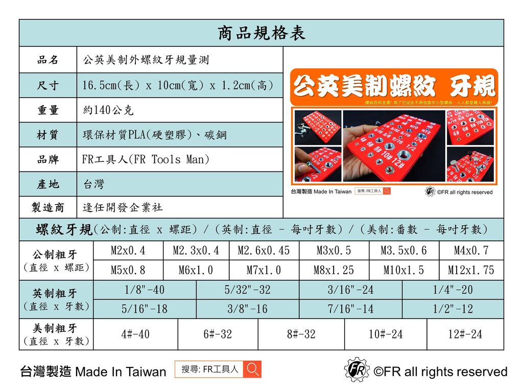 公英美制外螺紋牙規規格表