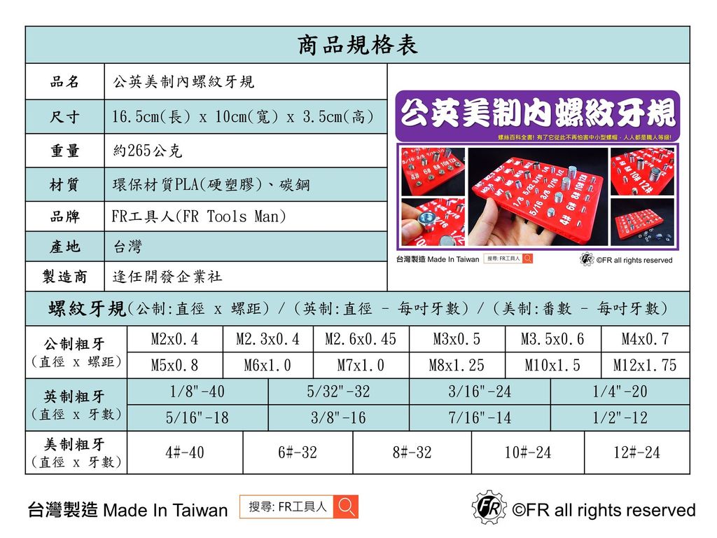 公英美制內螺紋牙規-規格表