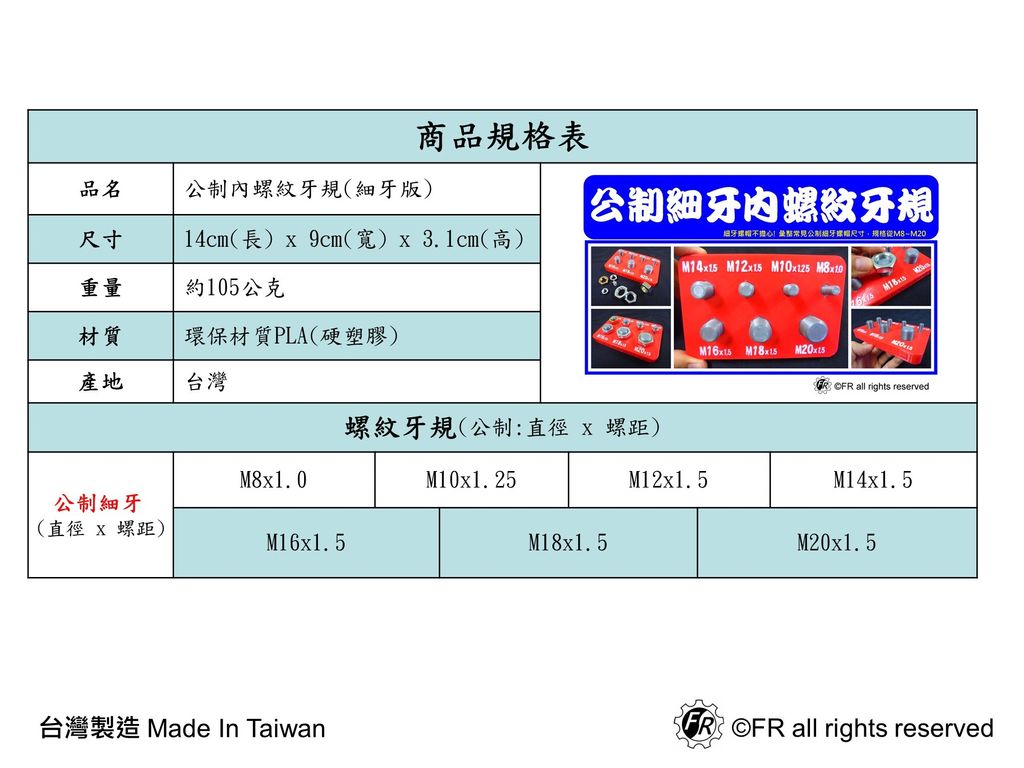 公制內螺紋牙規(細牙版)規格表