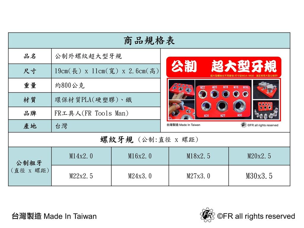 公制外螺紋超大型牙規-規格表