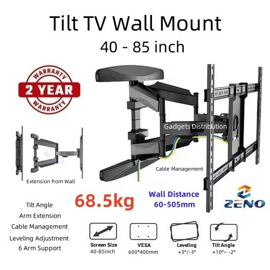 ZENO P700 40 to 85 Inch Heavy Duty Full Motion 6 Arm TV Wall Tilt